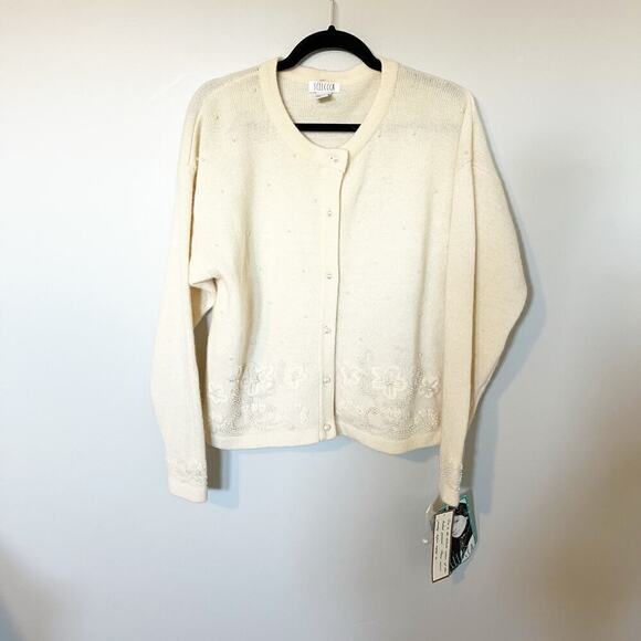 Sellecca Sweaters - Vintage lamb’s wool angora rabbit hair cream pearl bead cardigan medium